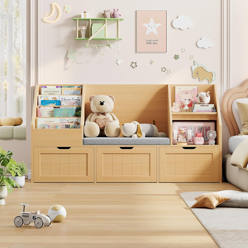FOTOSOK 55.1'' Kids Bookshelf with Reading Nook, Toy Storage Organizer with Seat Cushion and 3 Movable Drawers, Kids Reading Nook Toy Organizers and Storage with Bench for Playroom, Bedroom, Natural