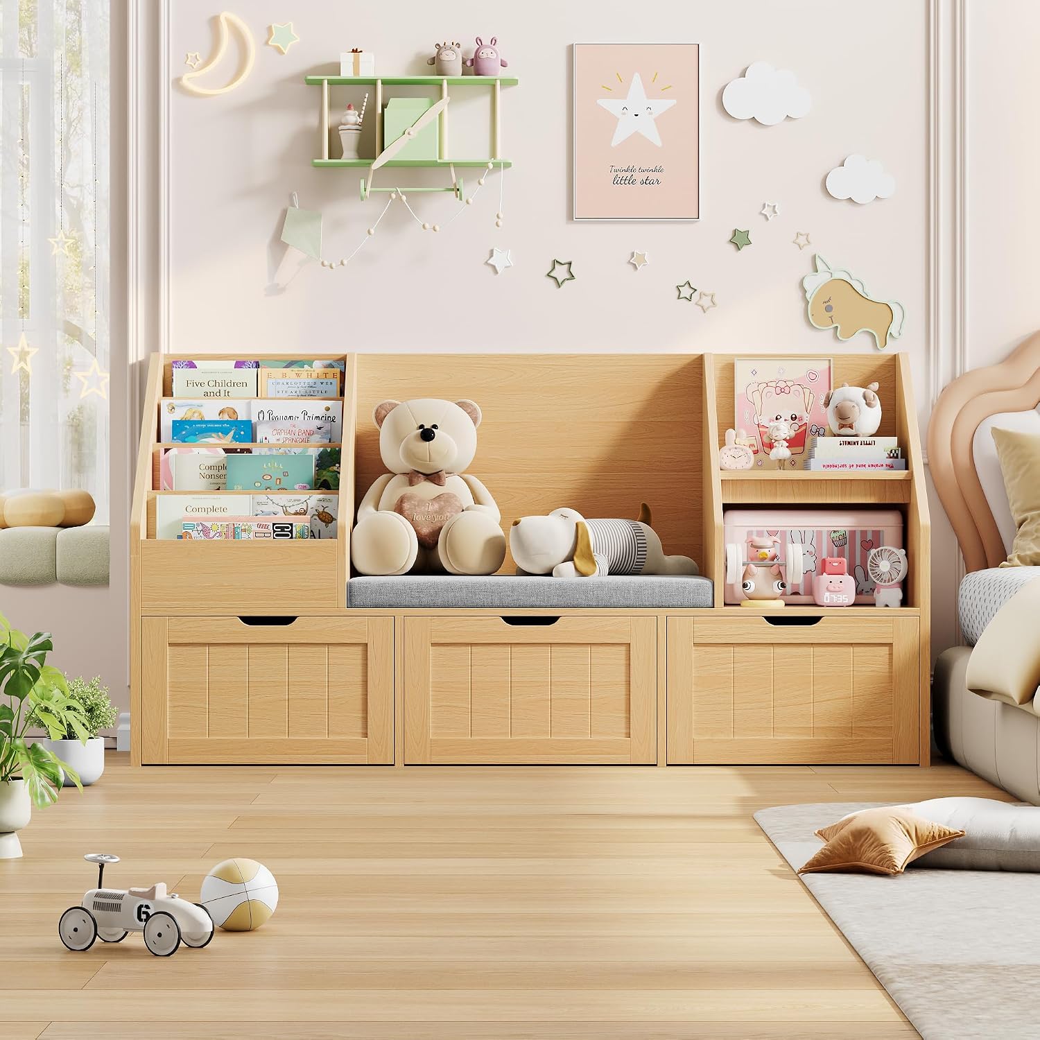FOTOSOK 55.1'' Kids Bookshelf with Reading Nook, Toy Storage Organizer with Seat Cushion and 3 Movable Drawers, Kids Reading Nook Toy Organizers and Storage with Bench for Playroom, Bedroom, Natural