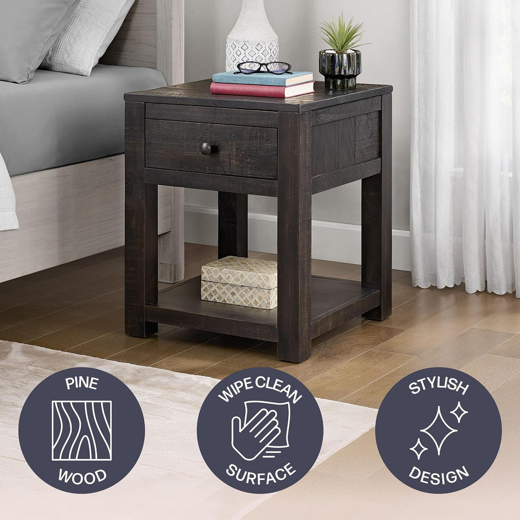 Durham Living Room Side Table - 20-Inch End Table with Storage Drawer and Shelf - Solid Wood Night Stand for Living Room or Bedroom - Mid Century Modern Furniture by Alaterre Furniture (Dark Brown)