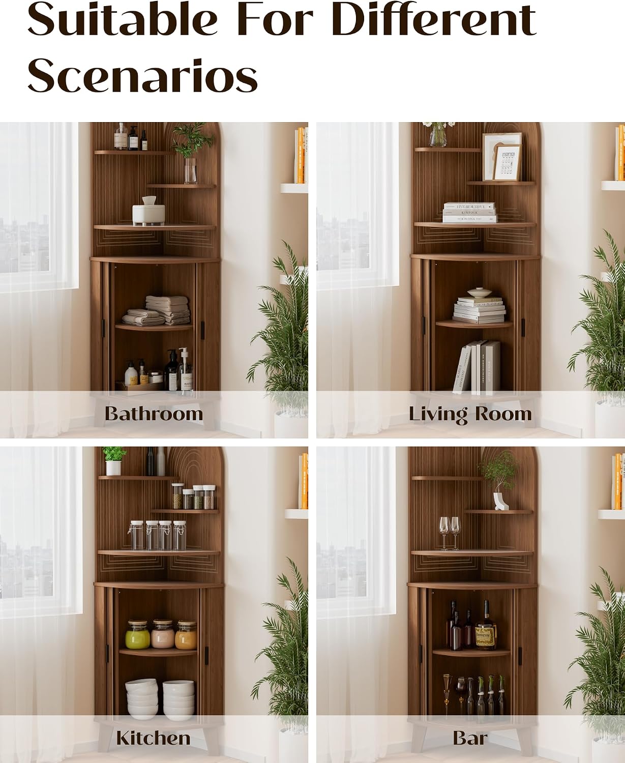 Small Corner Cabinet with Sliding Door and Storage, Tall Corner Bathroom Cabinet for Kitchen, Living Room, Corner Shelf Display Storage Cabinet, Walnut