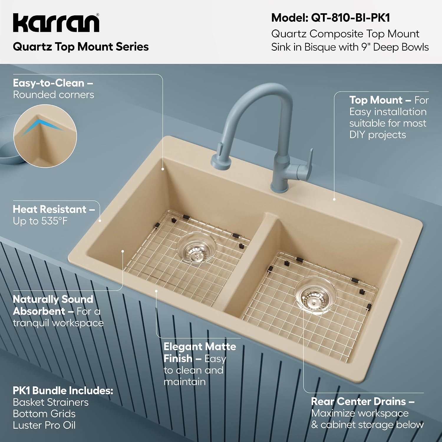 Karran QT-810 33' Top Mount Double Equal Bowl Quartz Kitchen Sink Kit in Bisque