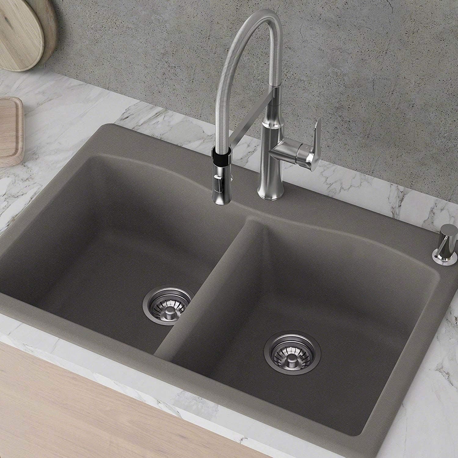 KRAUS Forteza™ 33' Dual Mount 50/50 Double Bowl Granite Kitchen Sink in Grey, KGD-52GREY
