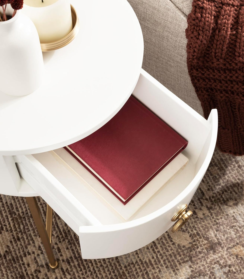 Kate and Laurel Decklyn Decorative Glam Round Side Table; 14 x 14 x 24; White and Gold; Modern Circle Living Room Table with Pull Drawer for Useful Storage