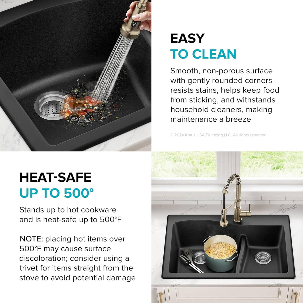 KRAUS Quarza 33-inch Drop-In/Undermount 60/40 Double Bowl Granite Kitchen Sink in Black, KGD-442BLACK
