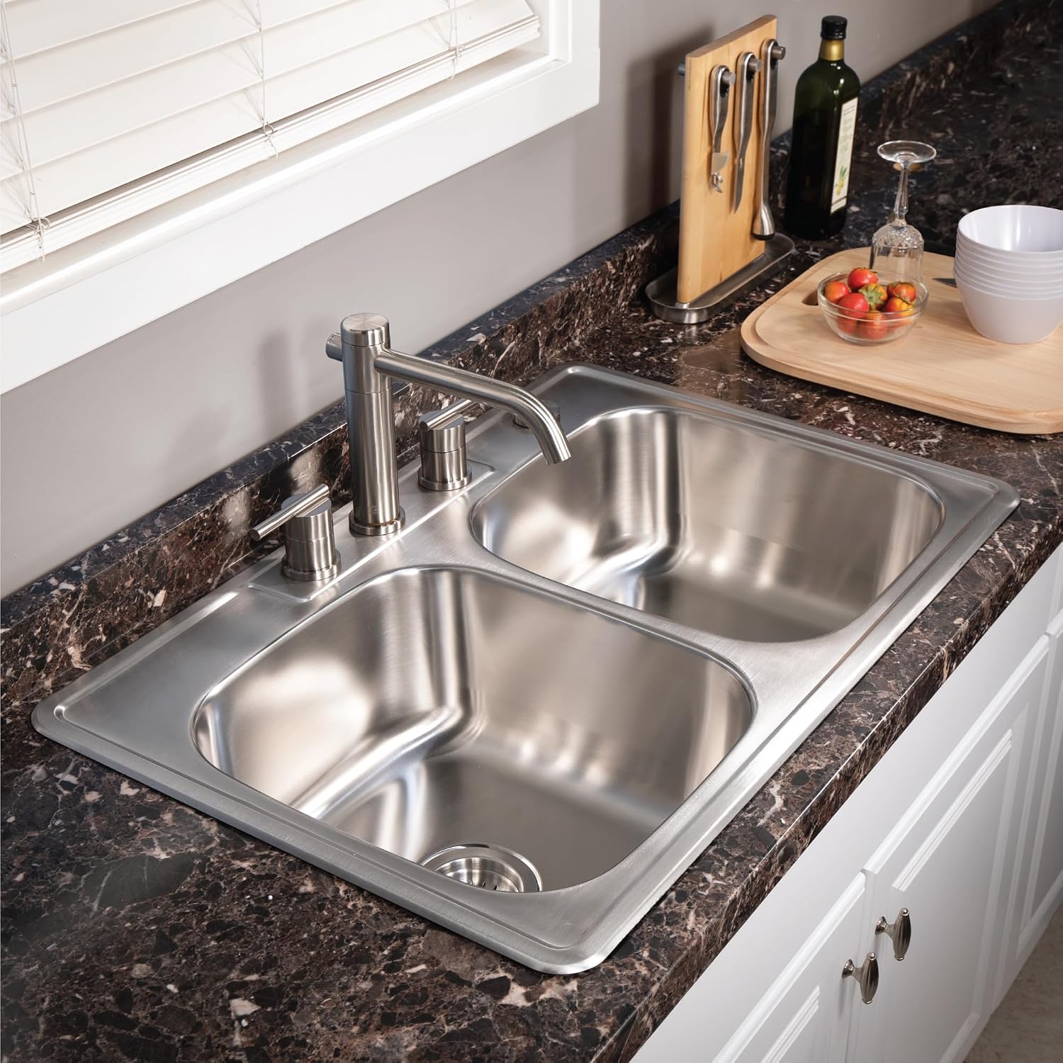 Houzer Glowtone Stainless Steel Kitchen Sink: 33 Inch Drop-in Topmount 4-Hole 50/50 Double Bowl, Durable & Versatile, Essential for Home & Apartment: 3322-9BS4-1