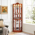 72' H Lighted Corner Curio Cabinet with Top Carvings, Tall Glass Display Case with 6 Adjustable Shelves, Freestanding Home Bar Cabinet for Liquor Storage (Oak)