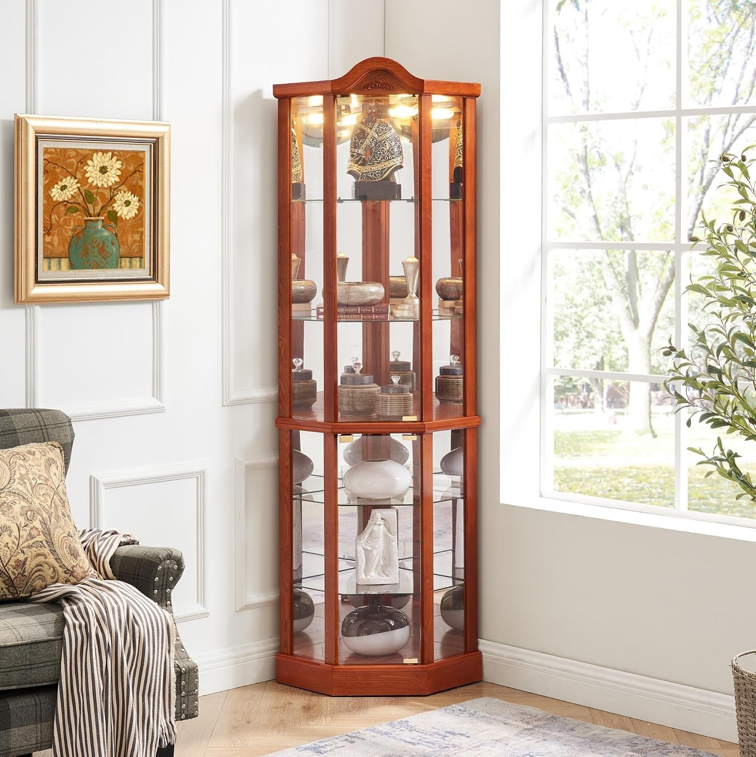 72' H Lighted Corner Curio Cabinet with Top Carvings, Tall Glass Display Case with 6 Adjustable Shelves, Freestanding Home Bar Cabinet for Liquor Storage (Oak)