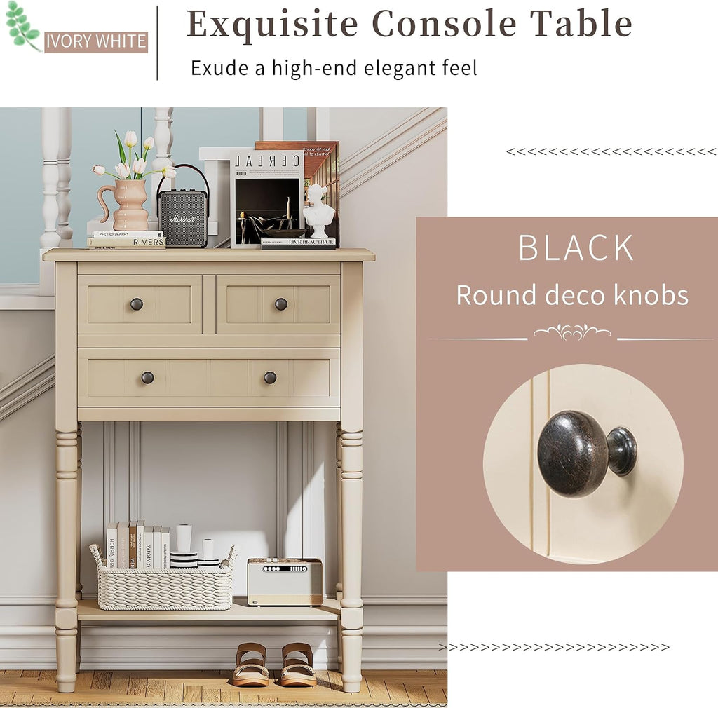 Knocbel Slim Antique Entry Console Table with 3 Drawers & Bottom Open Shelf, Solid Wood Narrow Sofa Couch Table for Entryway Hallway Living Room 23.7' W x 13' D x 31.4' H Beige