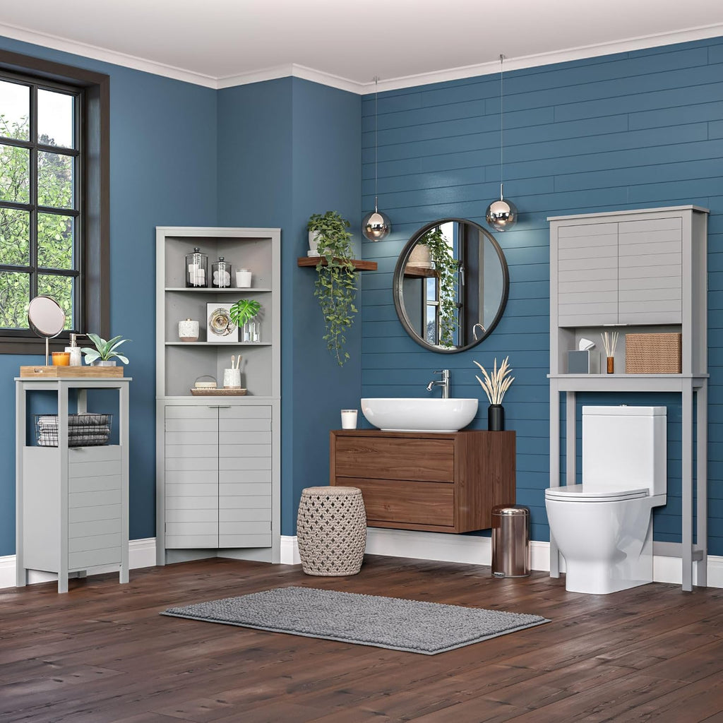 RiverRidge Madison Bathroom Corner Storage Cabinet with Open Shelves and Cupboard Tall Corner Storage Gray Bathroom Furniture Curio Cabinet