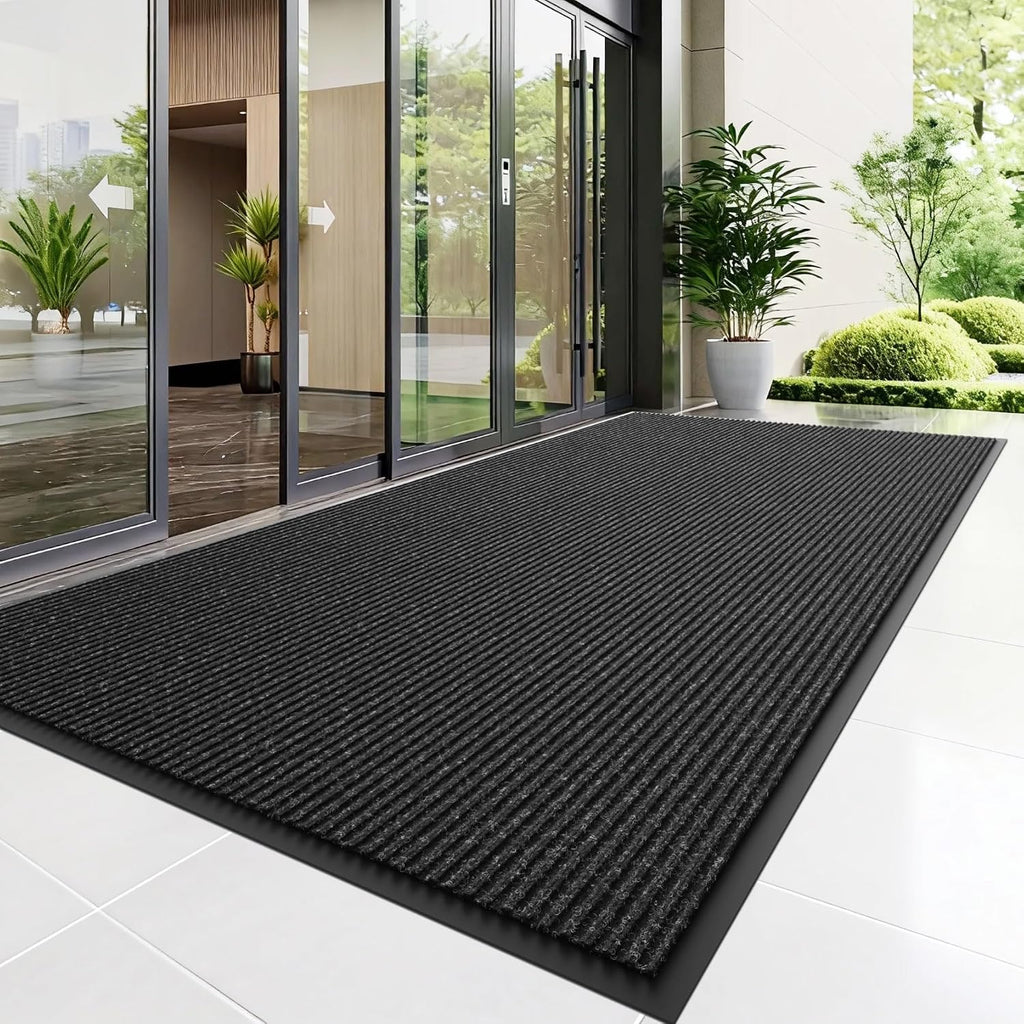 Front Door Mat, 10' x 3' Heavy Duty Indoor Outdoor Door Mat Entrance, Commercial Welcome Mats, Stain and Fade Resistant, Durable Rubber Backing, Low Profile Entry Mat for Patio, Black Stripe