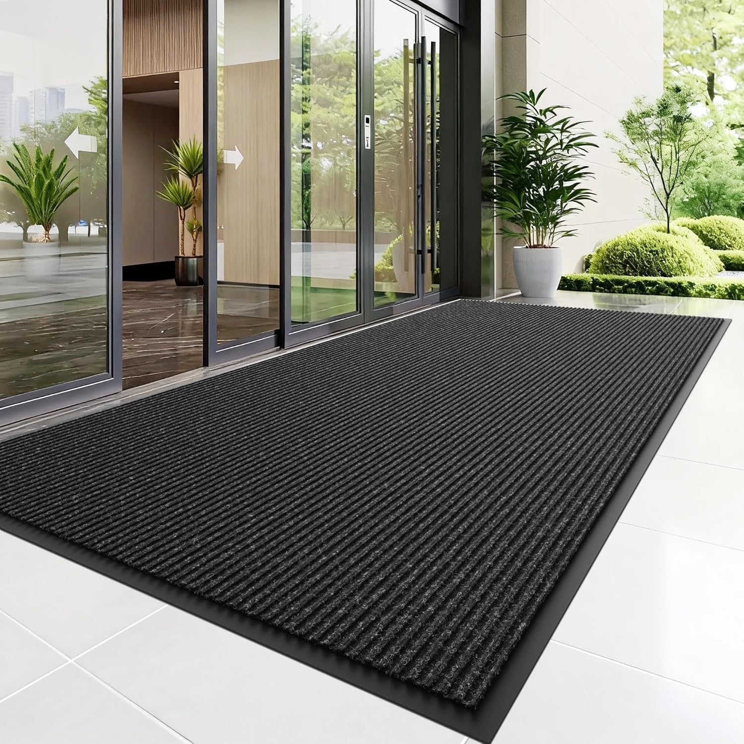 Front Door Mat, 10' x 3' Heavy Duty Indoor Outdoor Door Mat Entrance, Commercial Welcome Mats, Stain and Fade Resistant, Durable Rubber Backing, Low Profile Entry Mat for Patio, Black Stripe