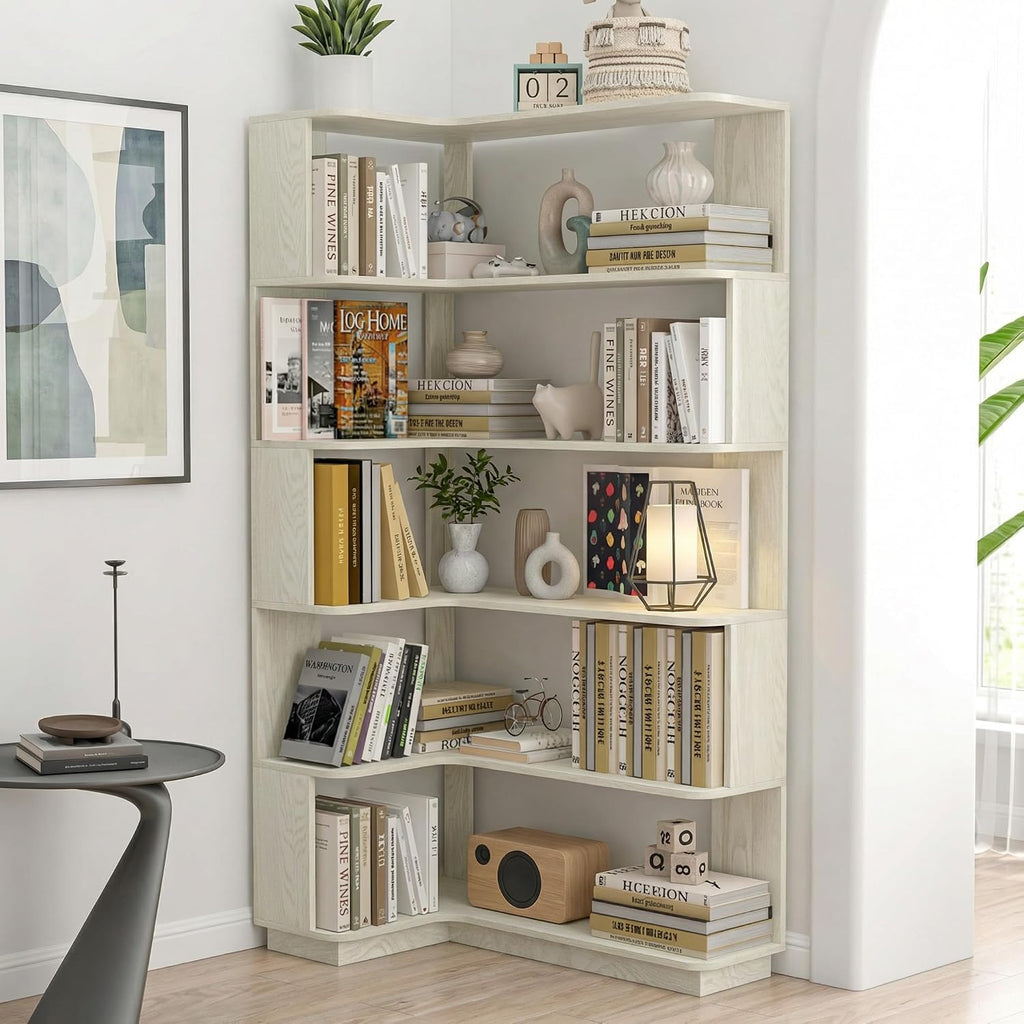 6 Tier Corner Bookshelf, Freestanding L-Shaped Wooden Bookcase with Open Shelves, Anti-Fall Panels and Anti-Tipping Device for Living Room, Home Office (White with Right Extension)