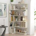 6 Tier Corner Bookshelf, Freestanding L-Shaped Wooden Bookcase with Open Shelves, Anti-Fall Panels and Anti-Tipping Device for Living Room, Home Office (White with Right Extension)