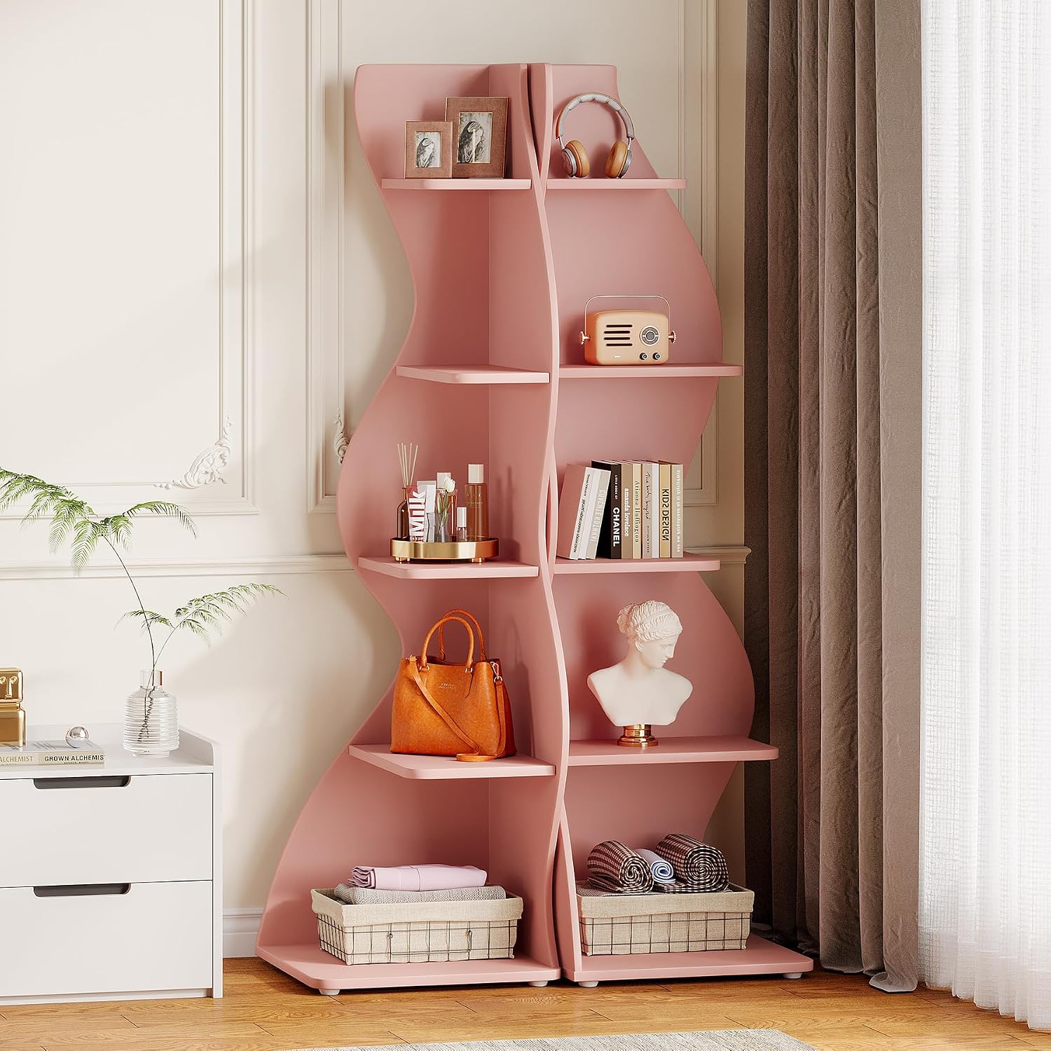 Tribesigns Wavy Corner Shelf Set of 2, Modern 5-Tier Bookshelf Etagere Bookcase with Curvy Shape, Unique Plant Stand Display Shelf for Living Room Small Space (Pink)