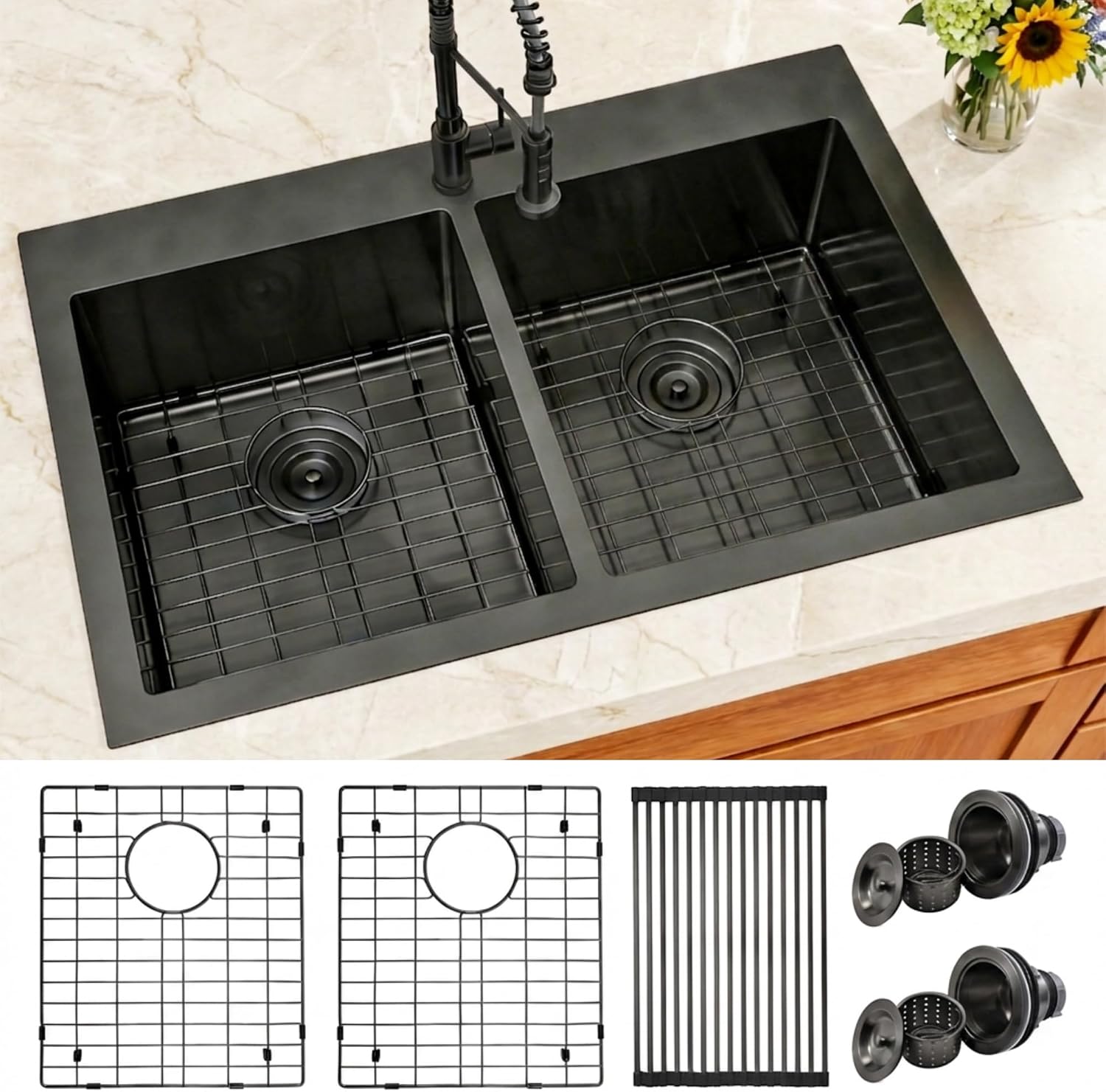Black Kitchen Sink,33 X 22 inch Drop in Kitchen Sinks Double Bowl,16 Gauge Stainless Steel 50/50 Double Sink,Top Mount/Drop In Double Kitchen Sink 33 inch