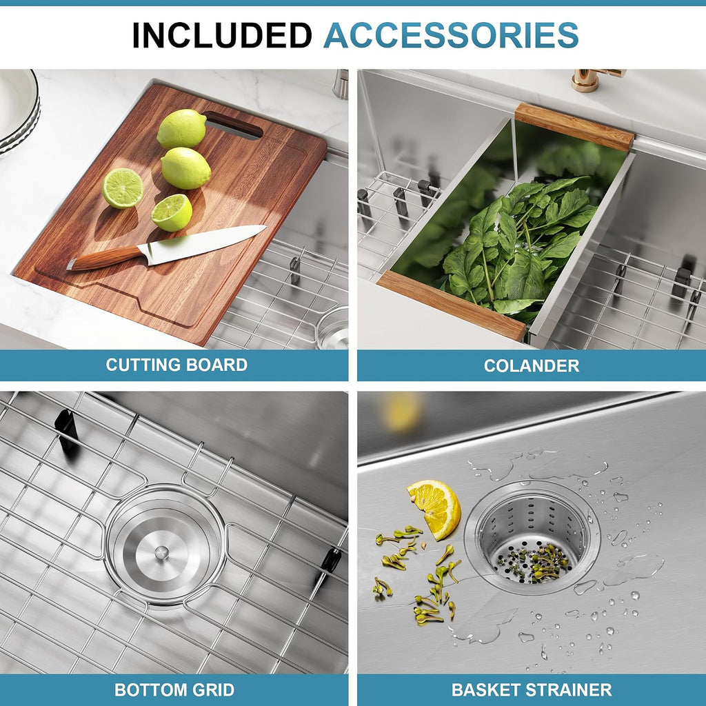 32 Inch Undermount Workstation Handmade Double Bowl Kitchen Sink, 16 Gauge 304 Stainless Steel 50/50 Large Capacity Kitchen Sinks, Ledge and Accessories Included, 32' x 18' x 10'