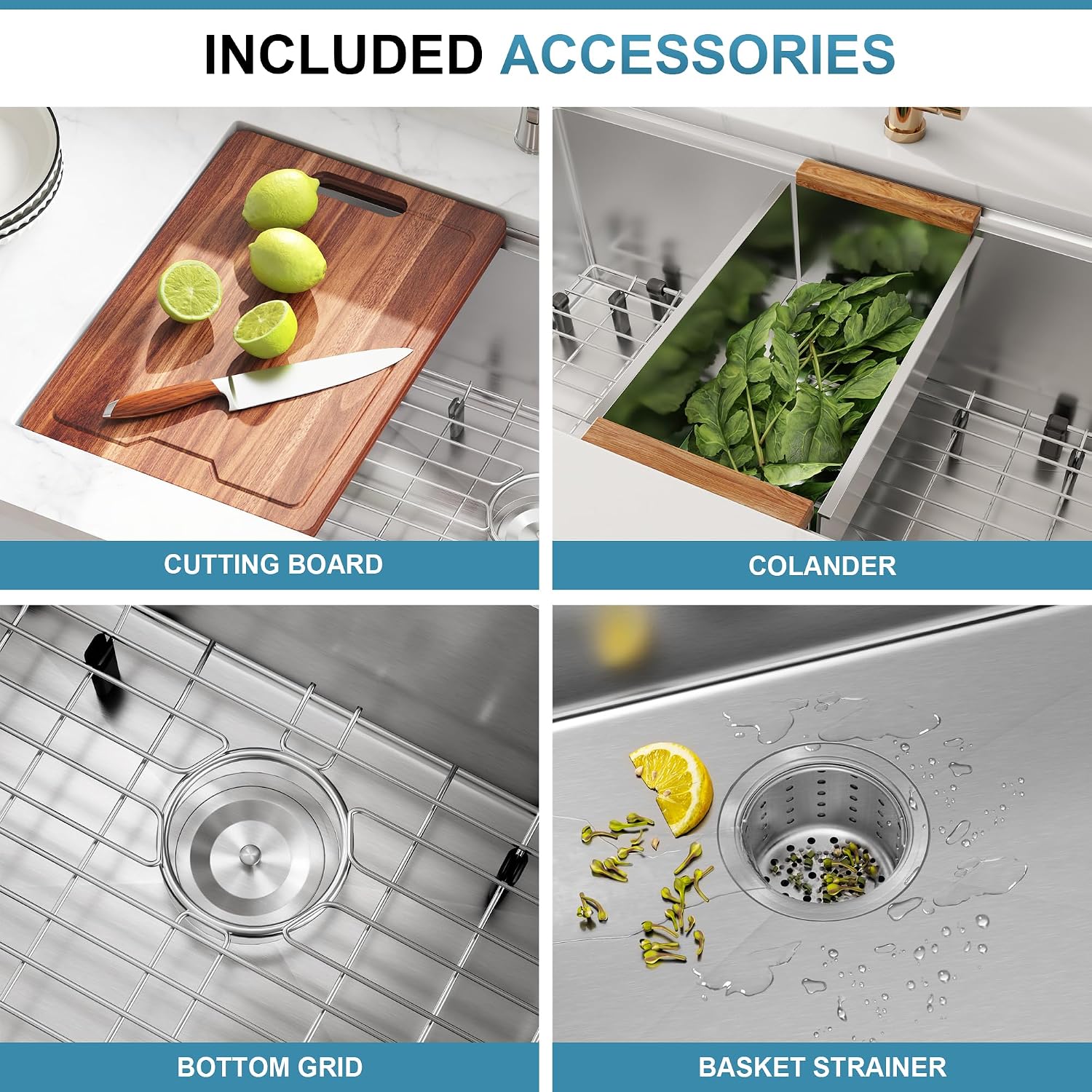 32 Inch Undermount Workstation Handmade Double Bowl Kitchen Sink, 16 Gauge 304 Stainless Steel 50/50 Large Capacity Kitchen Sinks, Ledge and Accessories Included, 32' x 18' x 10'