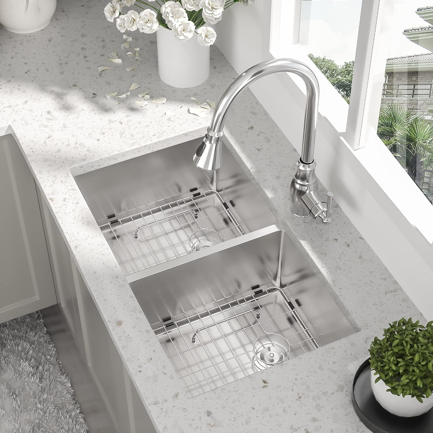 33 Undermount Double Bowl Kitchen Sink - Beslend 33x19x10 Inch Double Sink Stainless Steel Undermount Sinks 16 Gauge 50/50 Double Bowl Sinks