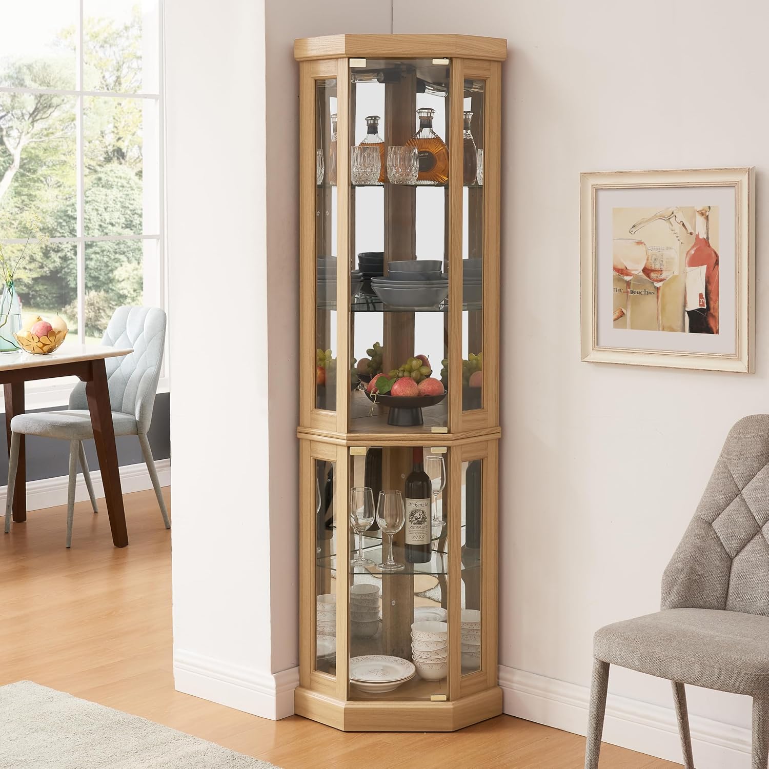69' H Lighted Corner Curio Cabinet, 5-Tier Curio Glass Display Cabinet w/Door & Adjustable Glass Shelves, Wooden Display Showcase Corner Storage Cabinet for Living Room (Light Oak)
