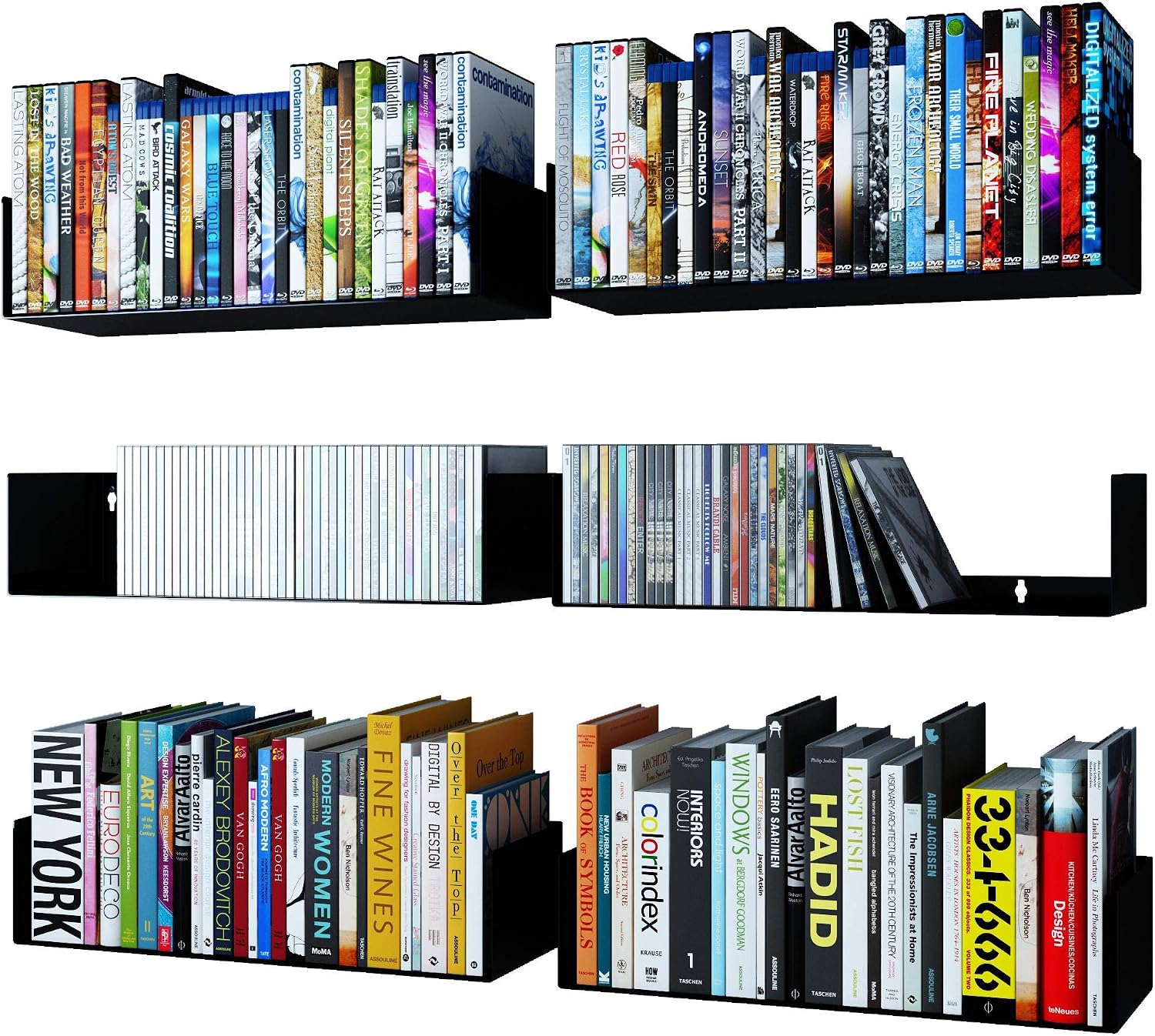 Wallniture Bali Black U Shape Floating Shelves for Wall, CD DVD Storage Shelves and Metal Bookshelf Set of 6