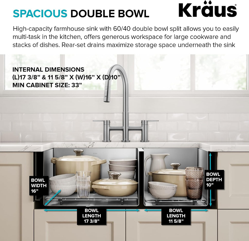 KRAUS Standart Pro 33-Inch Apron Front Farmhouse 16-Gauge 60/40 Double Bowl Stainless Steel Kitchen Sink, KHF203-33