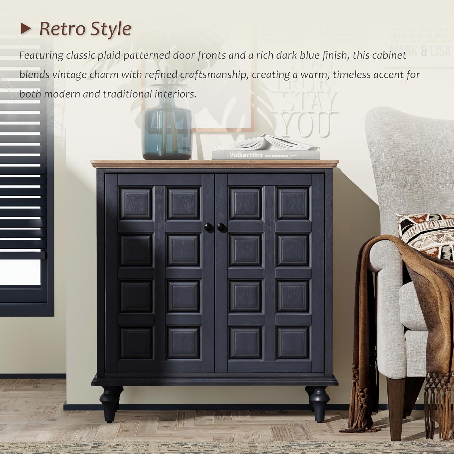 Aoikax Retro 2 Door Storage Cabinet with Plaid Pattern Front, Vintage Side Table for Bedroom, Living Room, Handles, Two-Shelves, Pine Wood, Dark Blue, Natural Wood
