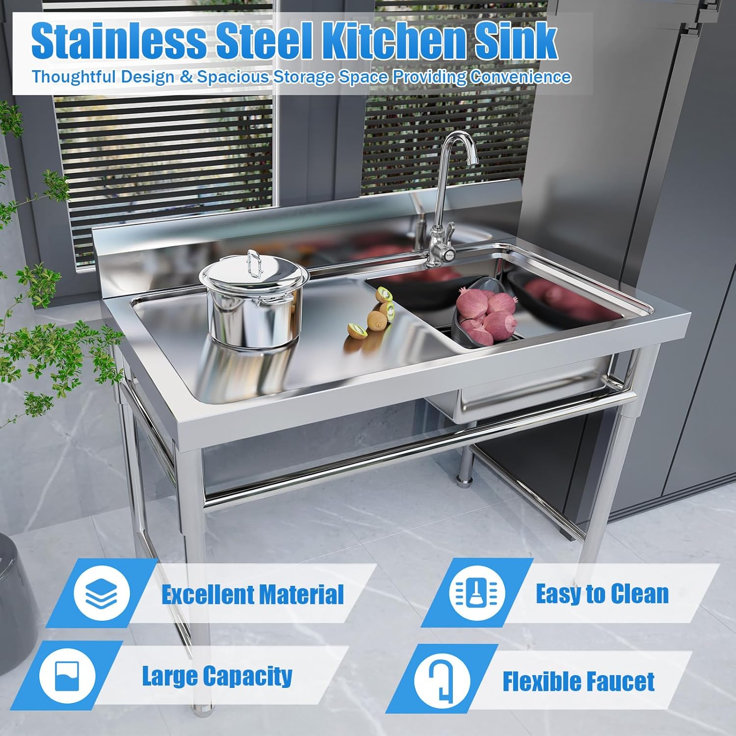 CNCEST Commercial Kitchen Sinks Single Bowl,304 Stainless Steel Catering Prep Table,Kitchen Wash Bowl Sink Basin,120x60x80cm,for Restaurant, Laundry, Garage (1 Bowl)