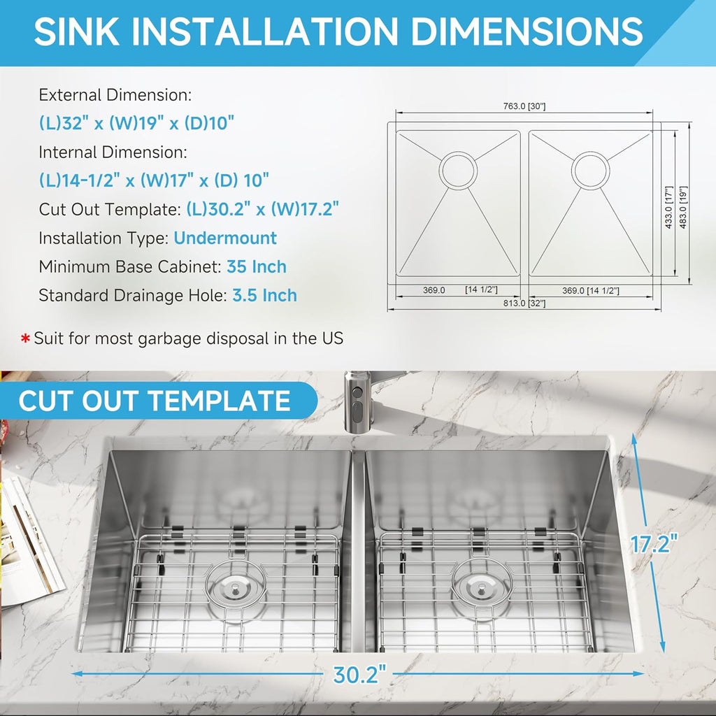 32 Inch Undermount 50/50 Double Bowl Kitchen Sink, 16 Gauge 304 Stainless Steel Handmade Large Capacity Deep Kitchen Sinks, Strainer and Grid Included, 32' x 19' x 10'