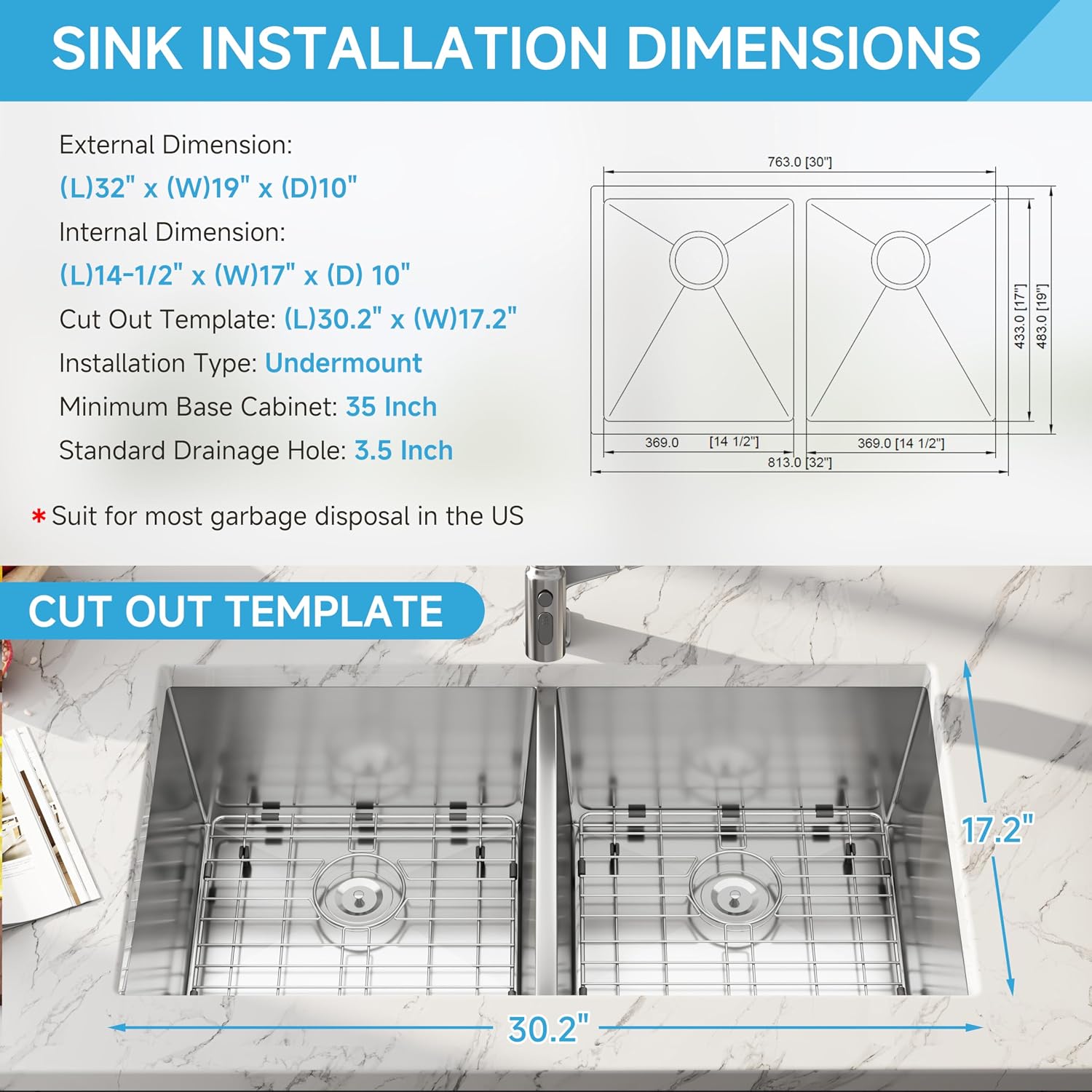 32 Inch Undermount 50/50 Double Bowl Kitchen Sink, 16 Gauge 304 Stainless Steel Handmade Large Capacity Deep Kitchen Sinks, Strainer and Grid Included, 32' x 19' x 10'