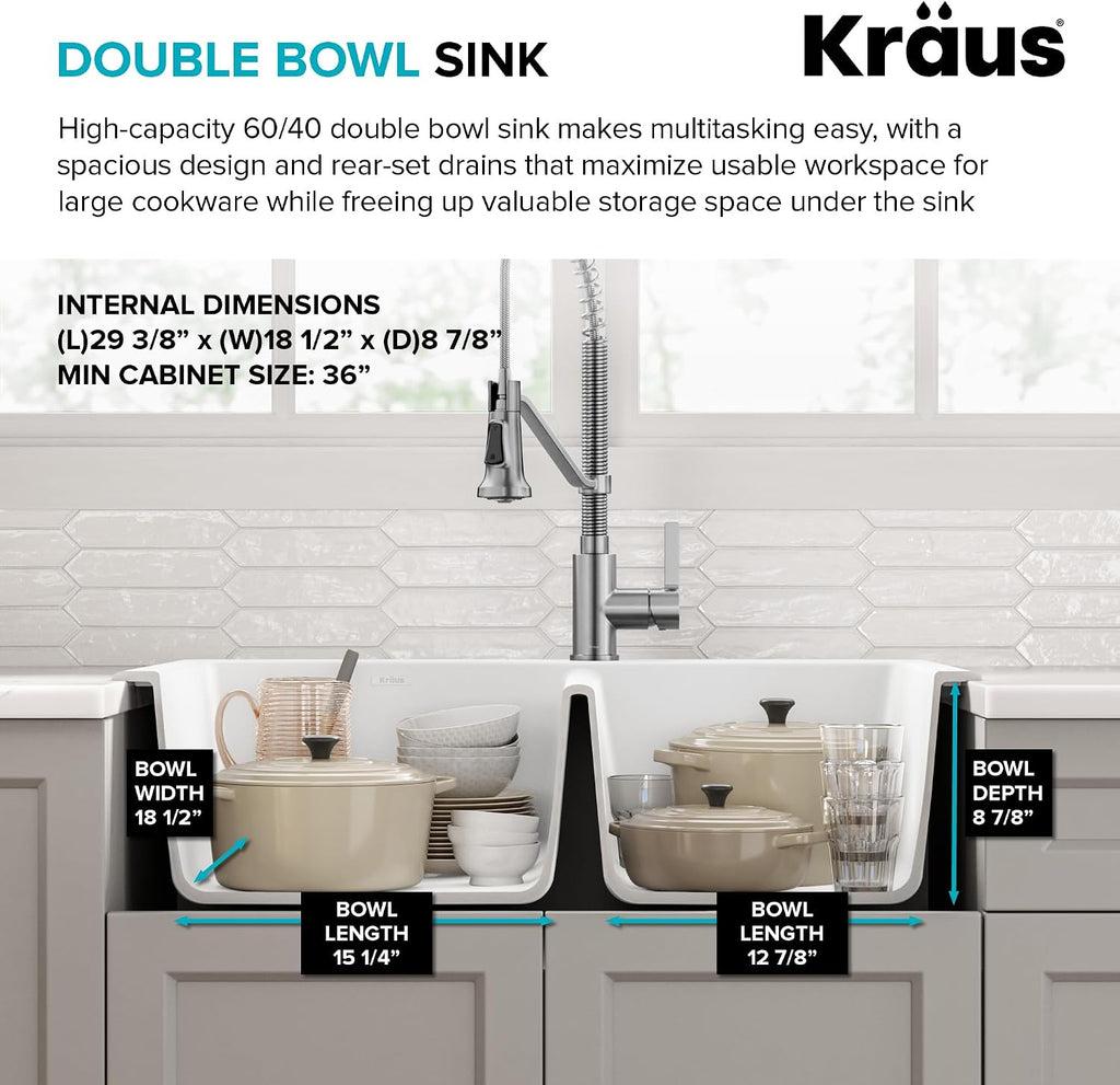 KRAUS Forteza 33-inch Granite Drop In/Undermount 60/40 Double Bowl White Kitchen Sink, KGD-50WHITE