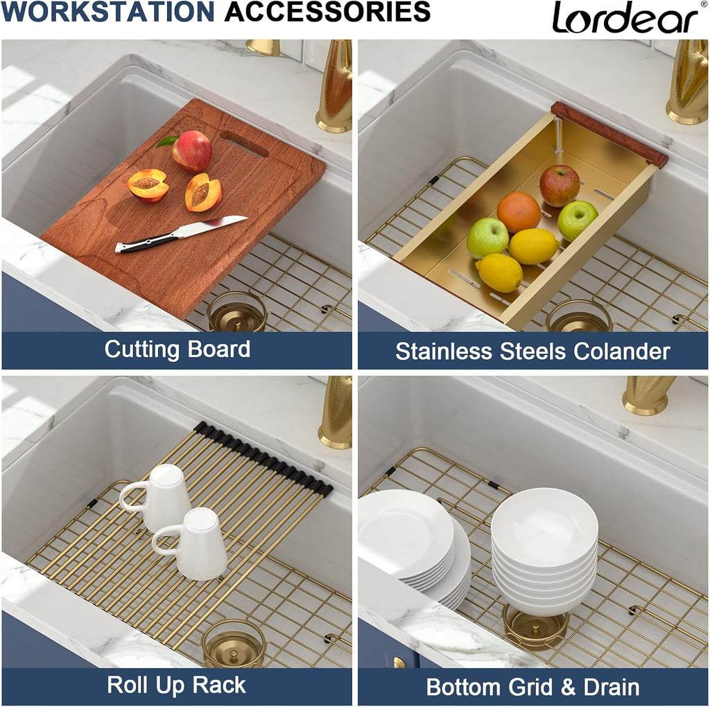 Lordear 33 Inch White Kitchen Sink Fireclay Porcelain Ceramic Undermount Sinks Single Bowl Rectangular Basin Workstation with Slide Ledge Dual Mount 33x19x10 Inch