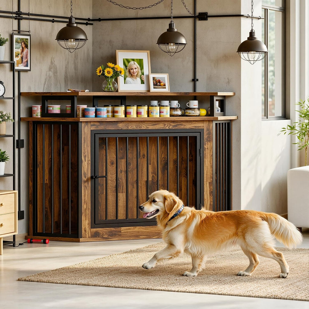 IRONCK Corner Dog Crate Furniture with 2-Tier Shelves – Wooden Pet Kennel for Large Dogs, Space-Saving TV Stand, Rustic Brown (26.7' L x 51.2' W x 33.5' H)