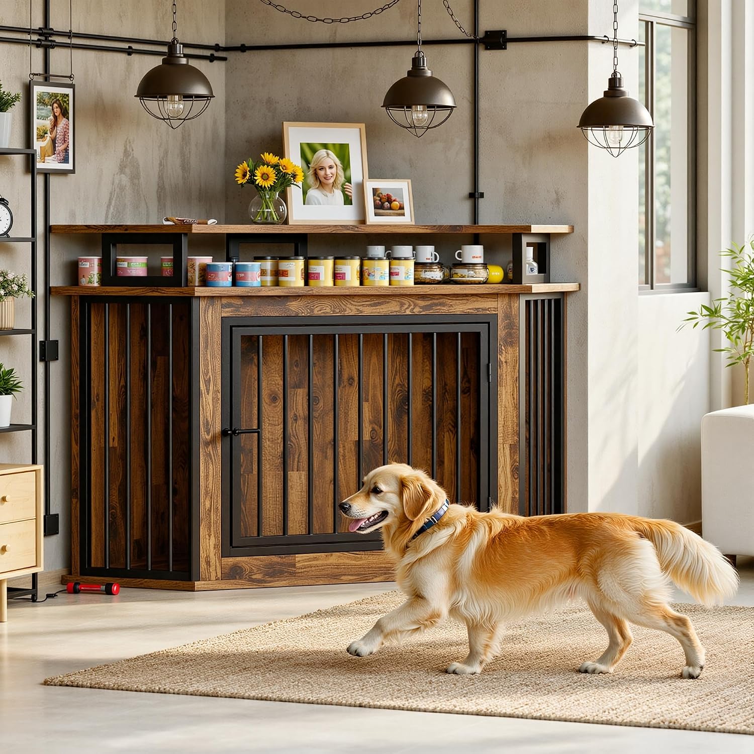IRONCK Corner Dog Crate Furniture with 2-Tier Shelves – Wooden Pet Kennel for Large Dogs, Space-Saving TV Stand, Rustic Brown (26.7' L x 51.2' W x 33.5' H)