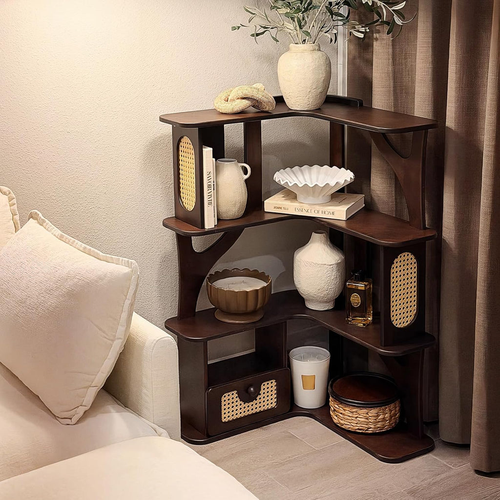 Rubber Wood Corner Shelf, 4 Tier Modern Corner Bookshelf, Freestanding Display Shelf Stand for Home Office, Living Room, Bedroom