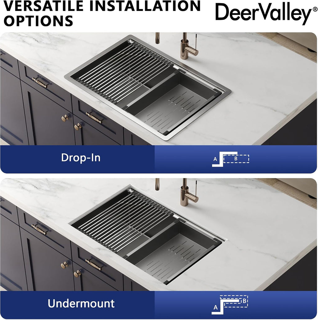DeerValley Workstation Kitchen Sink 27 Inch, 18 Gauge Stainless Steel Single Bowl Sink, Handmade with Built-In Accessories, Ledge Design & Cutting Board