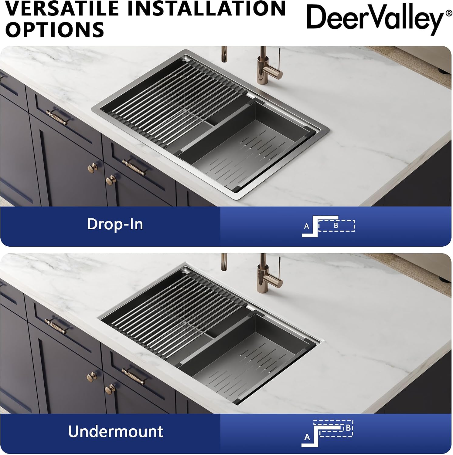 DeerValley Workstation Kitchen Sink 27 Inch, 18 Gauge Stainless Steel Single Bowl Sink, Handmade with Built-In Accessories, Ledge Design & Cutting Board