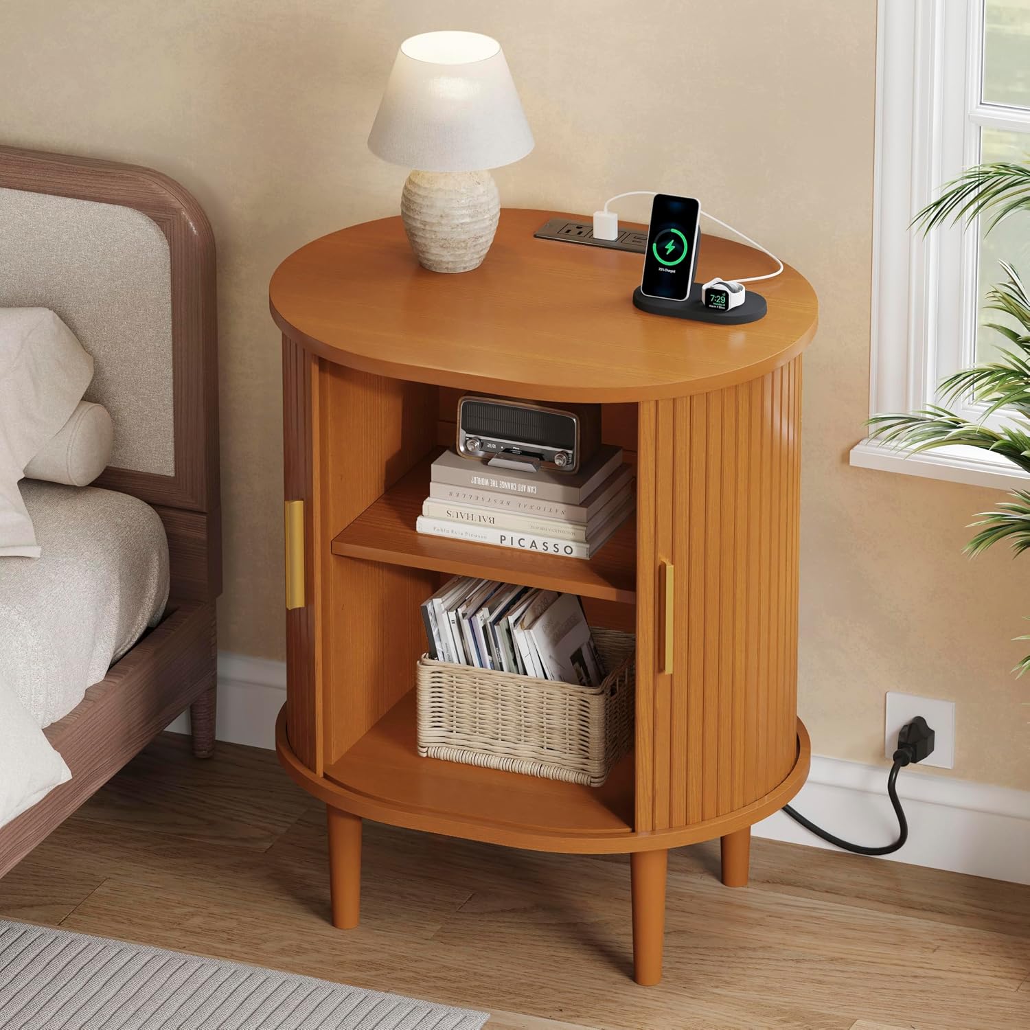 DHH Mid Century Modern Nightstand Set of 2 with Charging Station,Fluted Accent Side Table with Sliding Door & Adjustable Shelf,End Table for Small Space, Living Room, Bedroom,Sofa Couch,Yellow Walnut