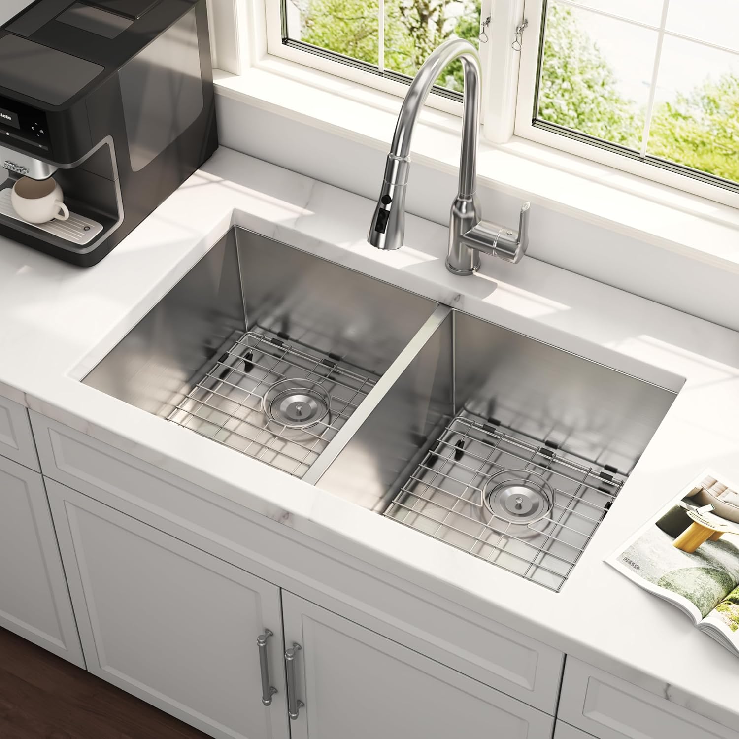 32 Inch Undermount Double Bowl Kitchen Sink 16 Gauge Stainless Steel 50/50 Deep Rectangular Sinks with Strainer & Bottom Grid 32' x 19' x 10'