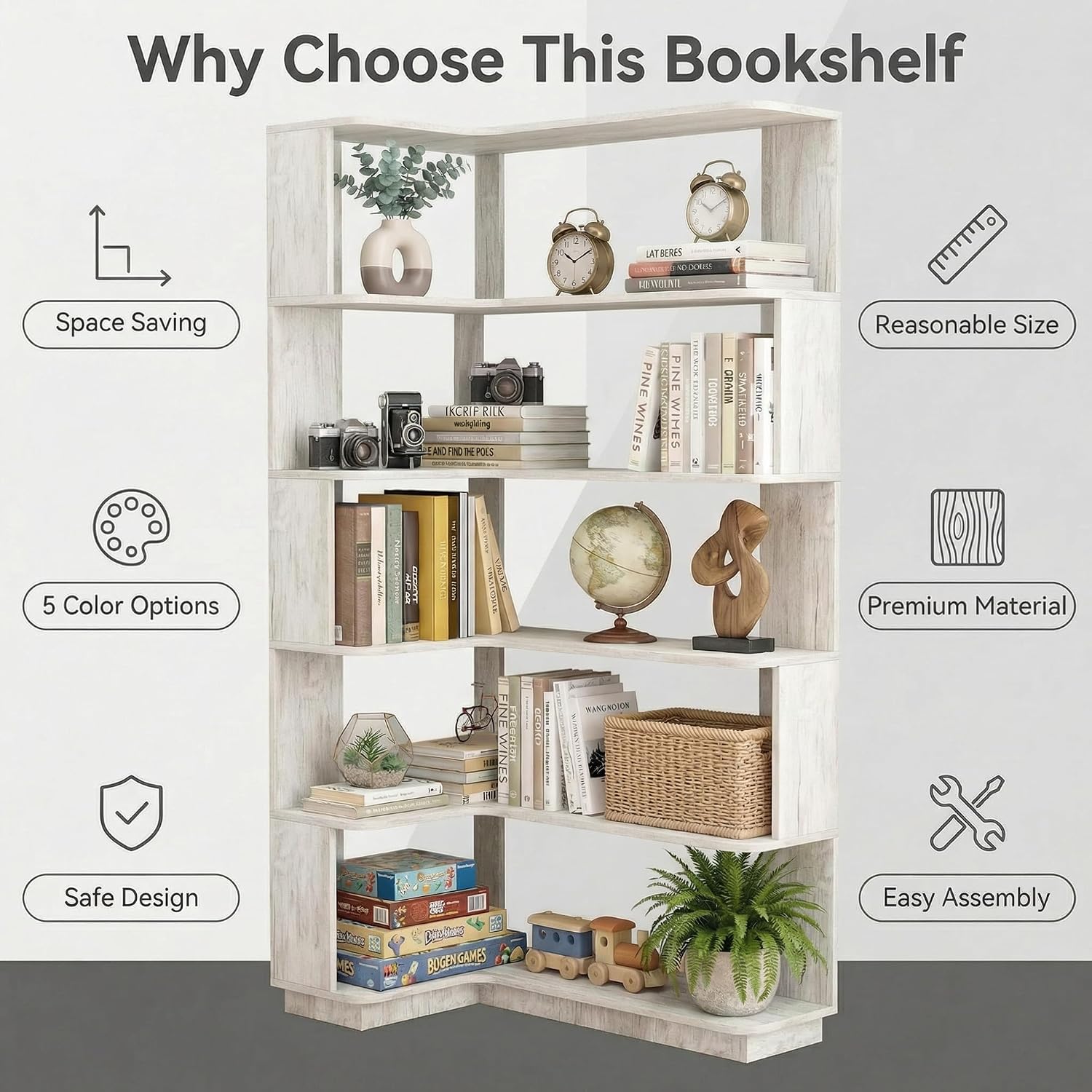 6 Tier Corner Bookshelf, Freestanding L-Shaped Wooden Bookcase with Open Shelves, Anti-Fall Panels and Anti-Tipping Device for Living Room, Home Office (Light Gray with Right Extension)