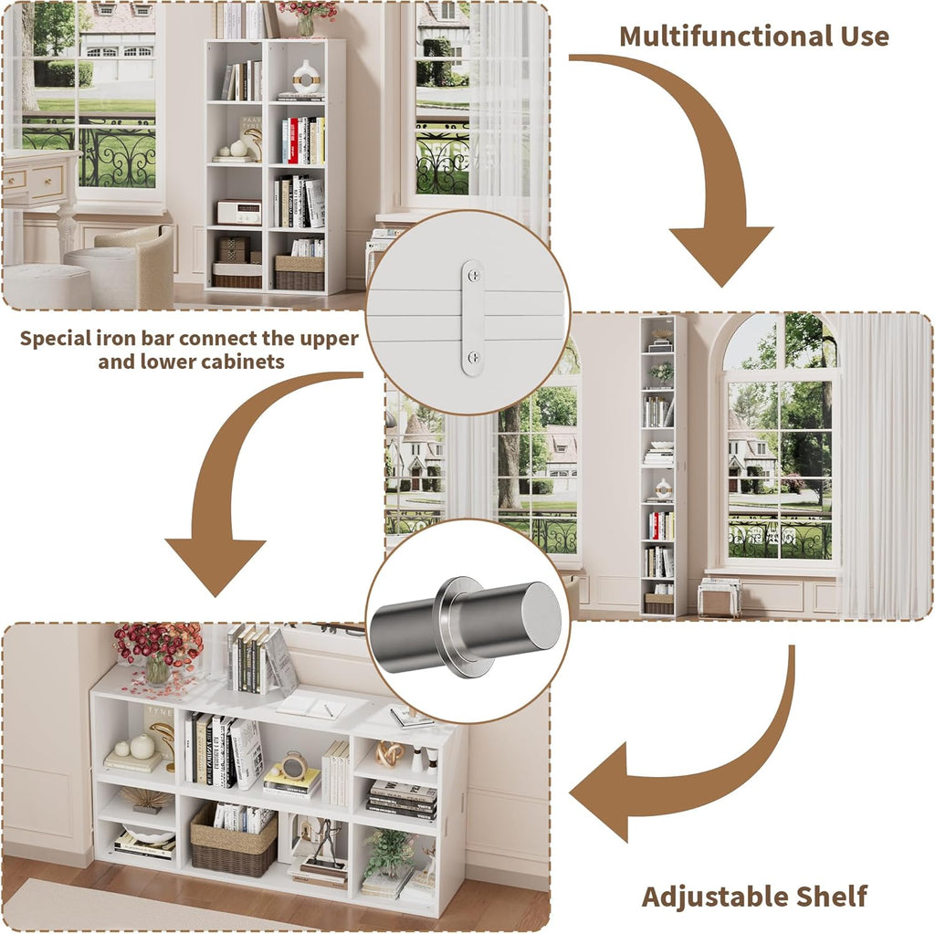 Book Shelf, 8 Tier Bookcase, 82.6 inches Tall Narrow Bookshelf, Wooden 8 Cube Storage Media Shelf, Vertical Slim Book Case with Removal Panels for Living Room, Bedroom, Entrance Hall