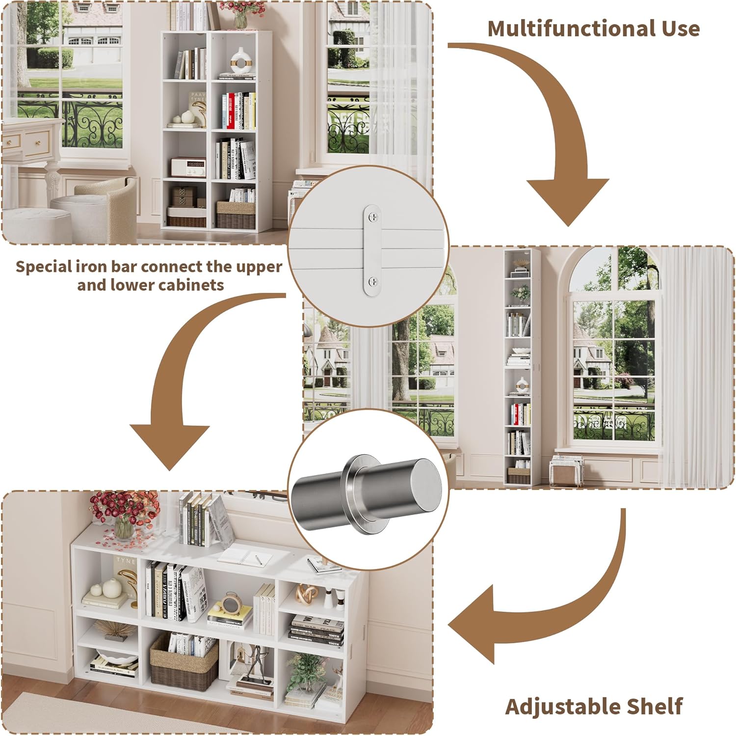 Book Shelf, 8 Tier Bookcase, 82.6 inches Tall Narrow Bookshelf, Wooden 8 Cube Storage Media Shelf, Vertical Slim Book Case with Removal Panels for Living Room, Bedroom, Entrance Hall