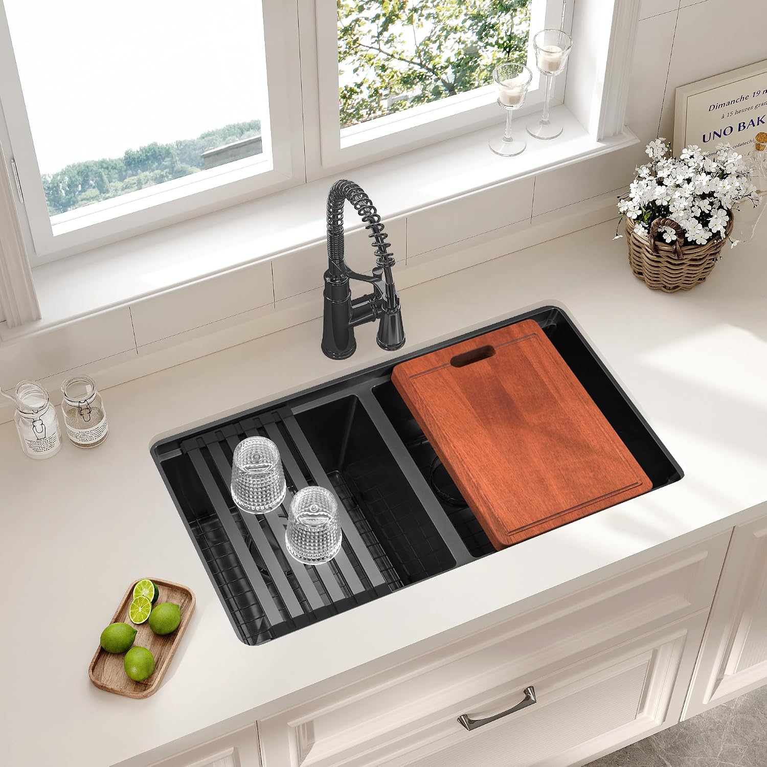 LQS Black Stainless Steel Kitchen Sink, 30 Inch Undermount Kitchen Sink, 50/50 Black Undermount Kitchen Sink with 10' Depth, X-Shaped Drain Line, Dual Mount Design and Round Corner