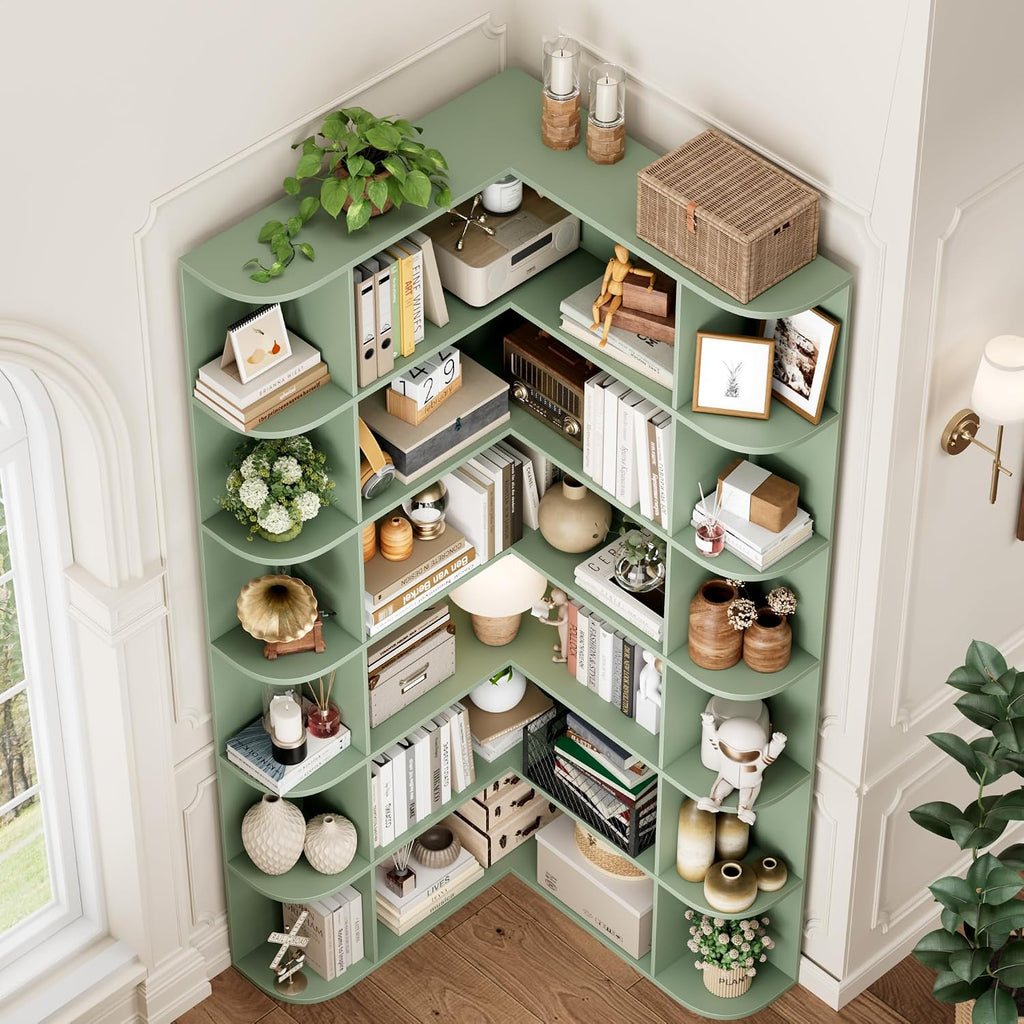 FOTOSOK 72' Tall Corner Bookshelf, 6-Tier Bookshelf and Bookcase with Open Storage, Tall Bookcases Wooden Storage Shelves for Home Office, Thickened Boards for Better Load Bearing, Green