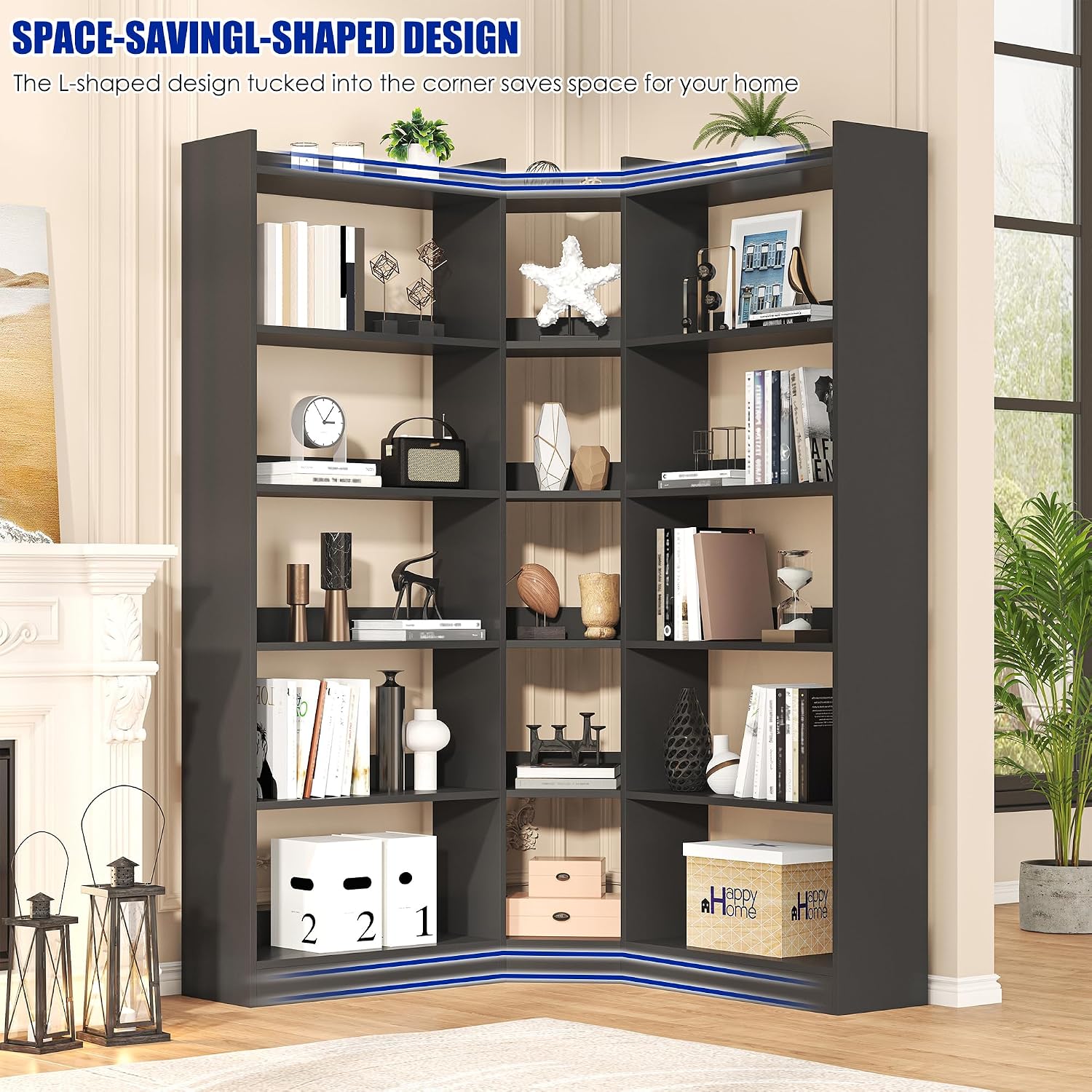 Nosepen 6 Tiers Corner Bookshelf, 63.1' Tall Modern Corner Etagere Bookcase Storage Display Rack Book Shelf with Baffle, Industrial L Shaped Bookshelves for Bedroom, Home Office, Living Room, Black