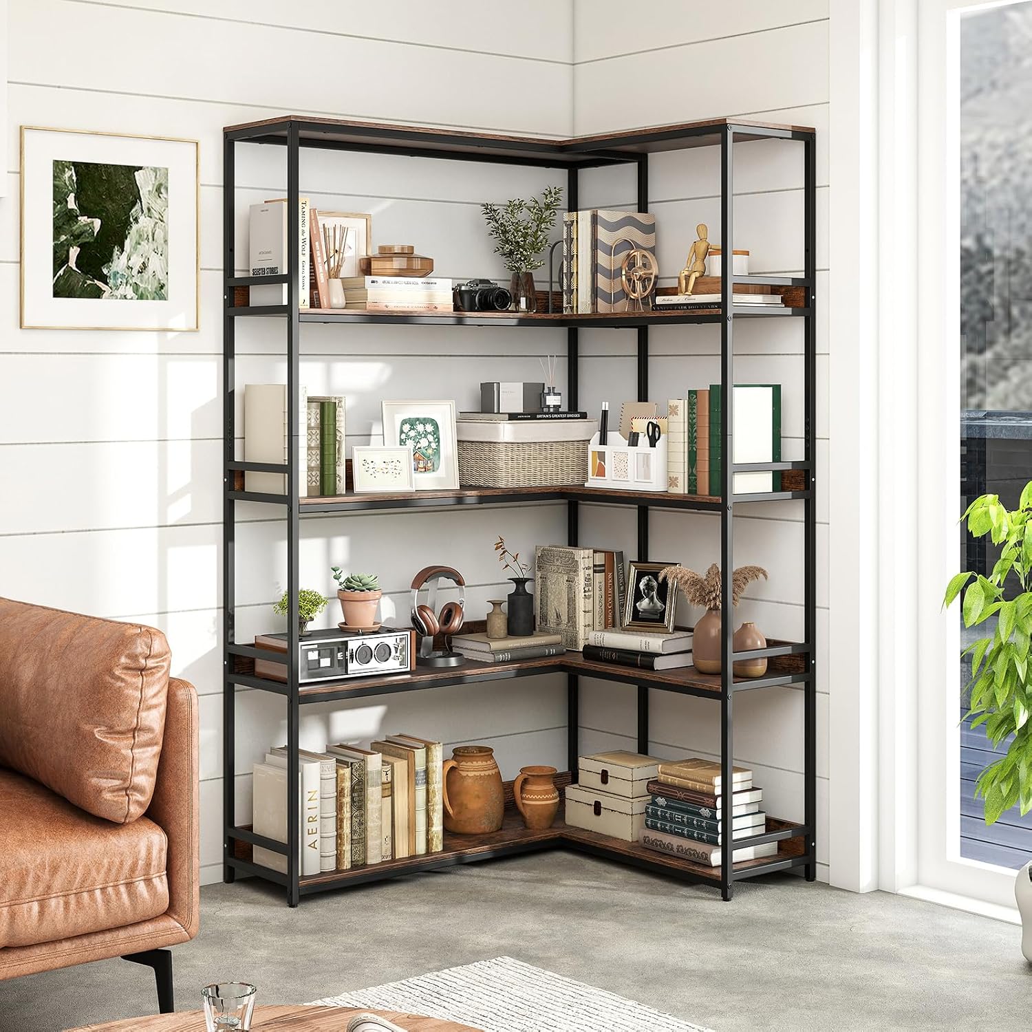 Tangkula Large Corner Bookshelf, 90 Degrees 5-Tier Industrial Wood Open Corner Bookcase for Small Spaces, Heavy-Duty Metal Frame, 71'H L-Shaped Storage Display Rack for Living Room (Rustic Brown)
