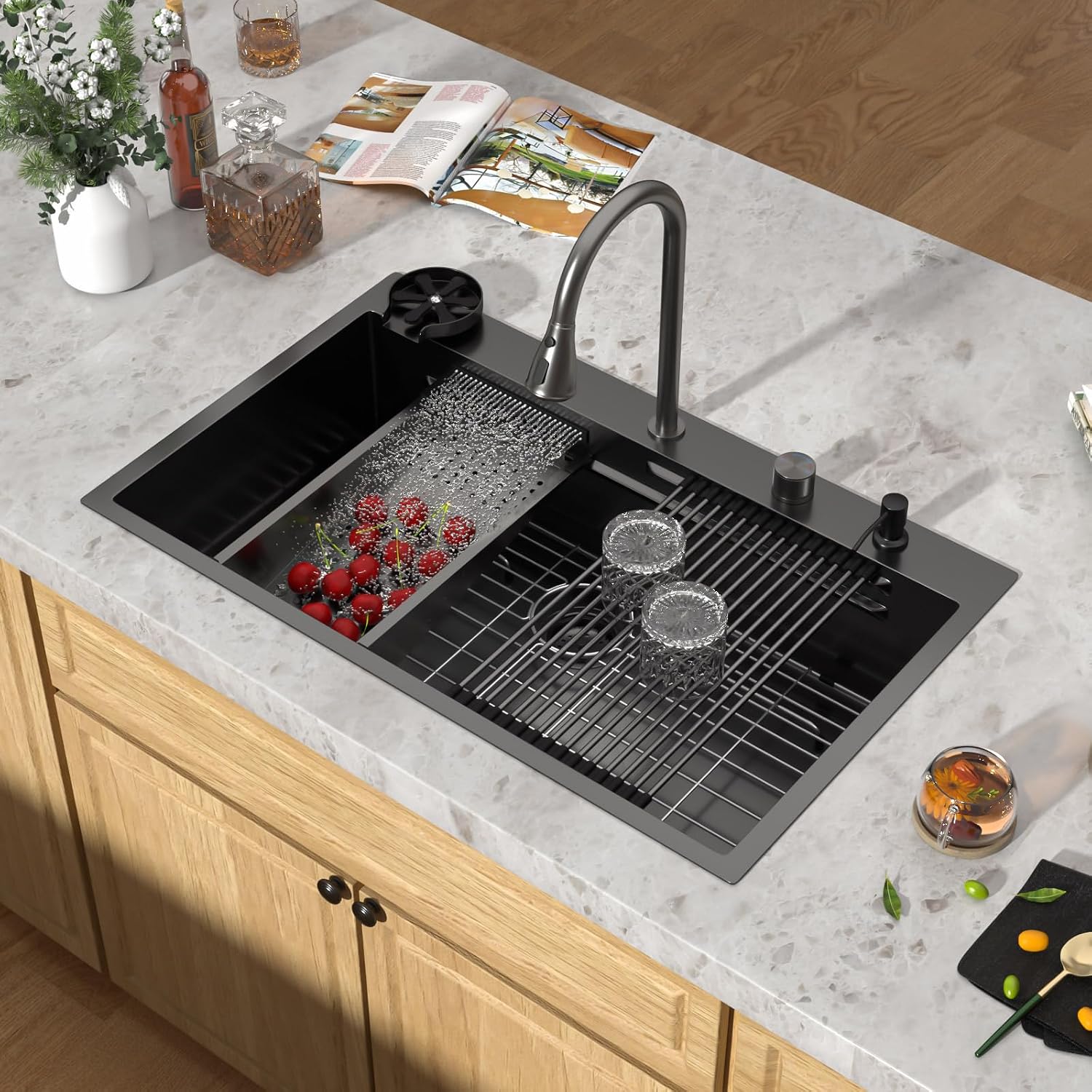 36 Inch Black Drop In Kitchen Sink with Faucet Waterfall 16 Gauge Stainless Steel Workstation All-In One Single Bowl 3-Holes Sink with Cup Washer, Soap Dispenser, Gunmetal Black #TLWF-0032
