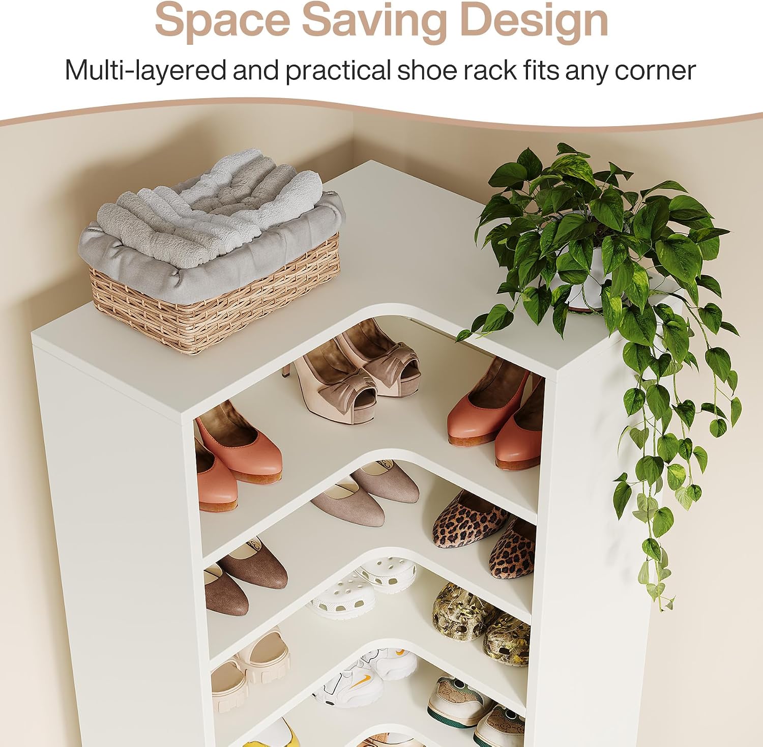 Tribesigns Corner Shoe Rack for Closet, 9-Tier Modern Corner Shelf Organizer, Large Wood Storage Shelf for Shoes, Holds up to 45 Pairs, White (1PC)