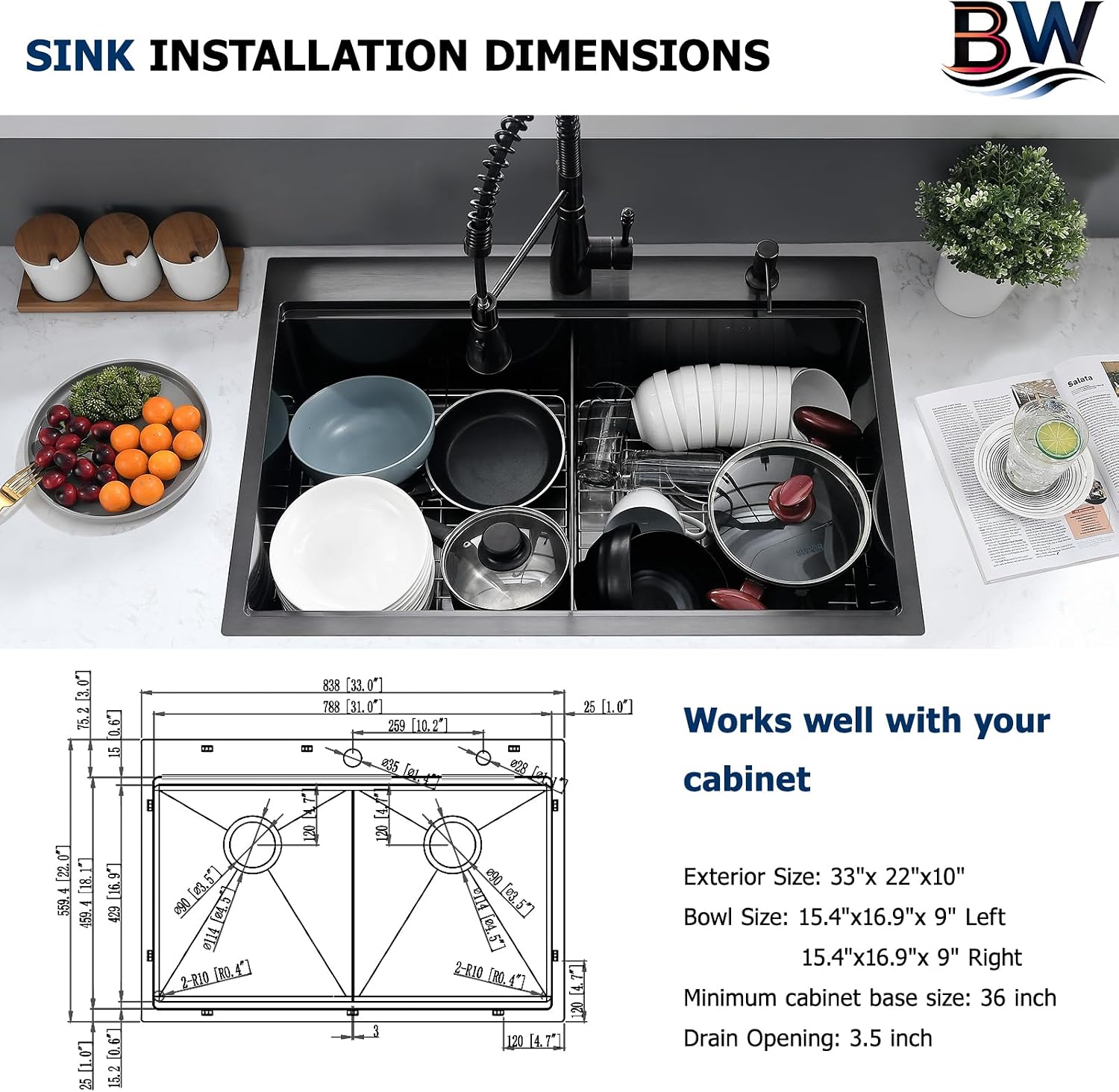 33x22 Black Double Bowl Drop In Kitchen Sink Workstation - 16 Gauge Stainless Steel Workstation Sinks 50/50 Split, Top Mount Drop In Kitchen Sink Double Bowl with Accessories