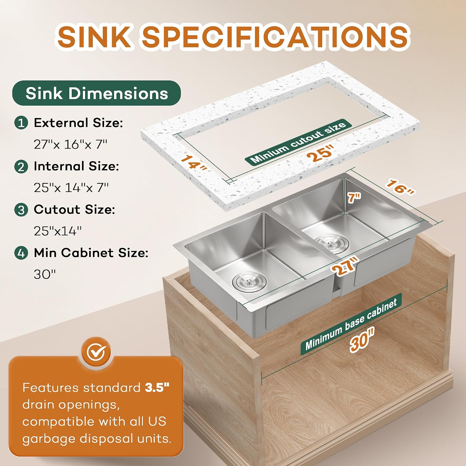 Rhbamoa 27 Inch RV Kitchen Sink,T304 Stainless Steel Kitchen Sinks for RV,50/50 Undermount Double Sink,Outdoor Sinks with Brushed Finish (27'' X 16'' X 7'')