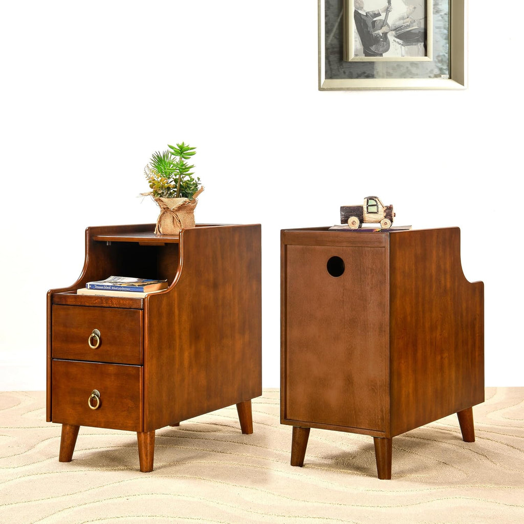 Narrow End Side Table with 2 Drawers and Pull-Out Tray, No-Tools Assembly Sofa Beside Table for Living Room, Slim Side Table with Solid Wood Legs, 11.8'W x 21.6'L x 22.9'H Caramel Brown BG-A1359-MG